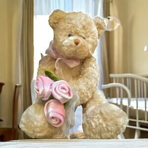 9" Gund Teddy Bear Plush Bear Stuffed Animal Roses Ribbon Nursery Baby Shower
